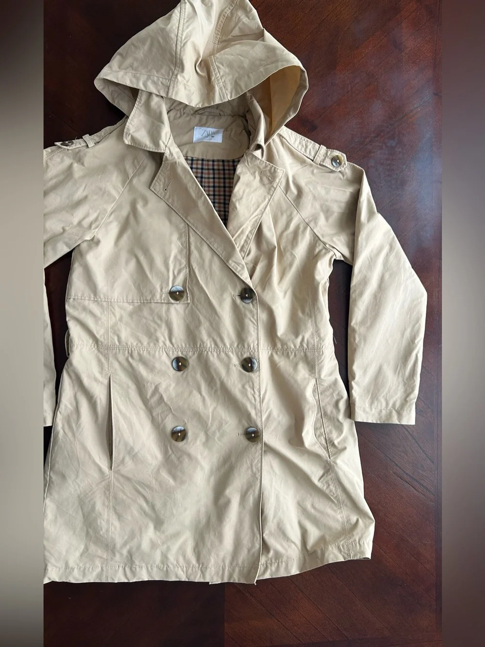 Zara Hooded Double-Breasted Trench Coat in Beige girl size 13-14